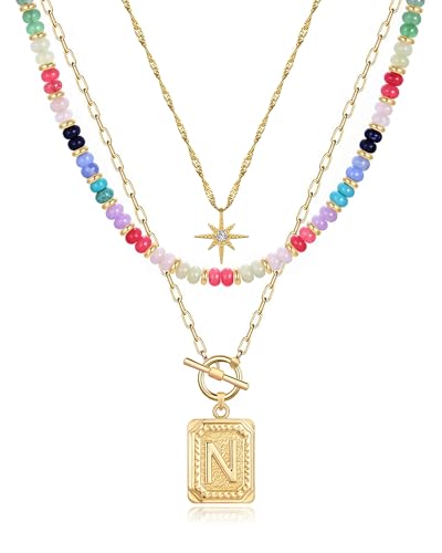 MJartoria Layered Initial Necklaces for Women | 14K Gold Plated Brass, Star Choker, Colorful Beaded, Square Letter Pendant, - color: Gold Plated, style: N