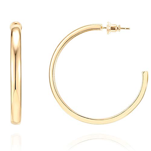 PAVOI 14K Gold Plated Wide Flat Edge Hoop Earrings for Women | Rose, White and Yellow Gold Hoops | Hypoallergenic Jewelry - color: Yellow Gold, size: 40 Millimeters