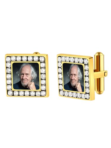 FindChic Stainless Steel Round Cufflinks with Custom Text/Picture/Monogram Letters 18K Gold Plated/Black Color for Men Groom Suits Shirts, with Gift Box - style: 02. CZ custom photo-square (gold plated)