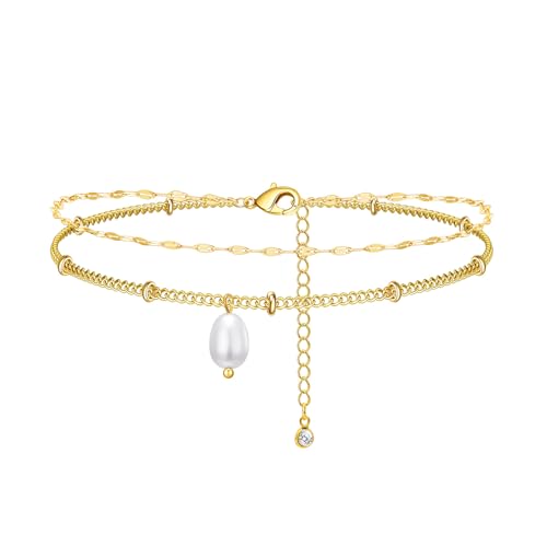 Bheop Ankle Bracelets for Women 14K Gold Silver Plated Waterproof Anklets | Evil Eye Pearl Heart Conch Shell Charm, Boho Adjustable Foot Chain, Dainty Summer Beach Jewelry Gifts, Non Tarnish - color: GD-Lips/Pearl