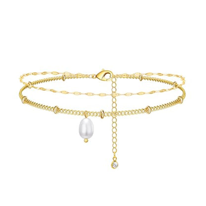 Bheop Ankle Bracelets for Women 14K Gold Silver Plated Waterproof Anklets | Evil Eye Pearl Heart Conch Shell Charm, Boho Adjustable Foot Chain, Dainty Summer Beach Jewelry Gifts, Non Tarnish - color: GD-Lips/Pearl