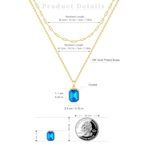 Gold Layered Necklaces for Women, 18k Gold Plated Crystal Necklace Paperclip Choker Emerald Green Jewelry for Women Gifts - color: Sea Blue