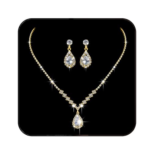 JAKAWIN Clip On Earrings and Necklace Set Silver Rhinestone Jewelry Sets - color: 2 Gold