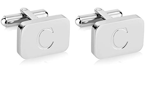 18K White-Gold Plated Initial Engraved Stainless Steel Men’s Cufflinks With Gift Box -Personalized Alphabet Letter’s A-Z By Lux & Pair - style: C- White Gold