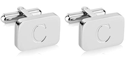 18K White-Gold Plated Initial Engraved Stainless Steel Men’s Cufflinks With Gift Box -Personalized Alphabet Letter’s A-Z By Lux & Pair - style: C- White Gold
