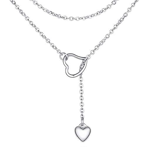 FOCALOOK Heart Lariat Necklaces for Women, Long Slip Chain Necklace | Hypoallergenic 316L Stainless Steel Silver/Black/Gold Plated, Front Slider Closure, Non Tarnish, Layered look, Everyday Wear - color: 02:Silver Heart
