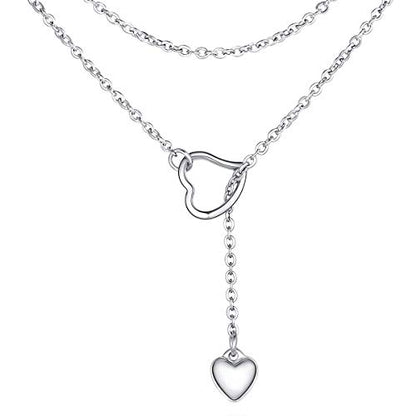 FOCALOOK Heart Lariat Necklaces for Women, Long Slip Chain Necklace | Hypoallergenic 316L Stainless Steel Silver/Black/Gold Plated, Front Slider Closure, Non Tarnish, Layered look, Everyday Wear - color: 02:Silver Heart