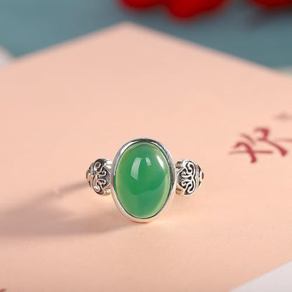 Vintage Green Jade Cocktail Rings for Women Oxidized Silver Faux Gemstones Crystal Adjustable Ring Midi Finger Band Retro Aesthetic Wedding Statement Ring Fashion Mother Banquet Jewelry