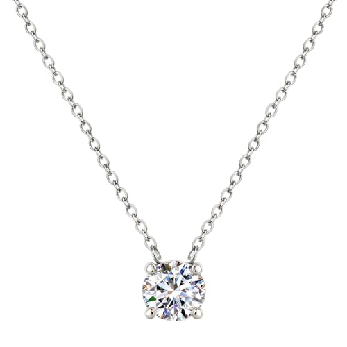 18K Gold Plated Pendant Necklace for Women, 1.2 Carat 7mm Cubic Zirconia Solitaire Dainty Necklace, Anniversary Birthday Mothers Day Gift Adjustable Chain - color: White Gold