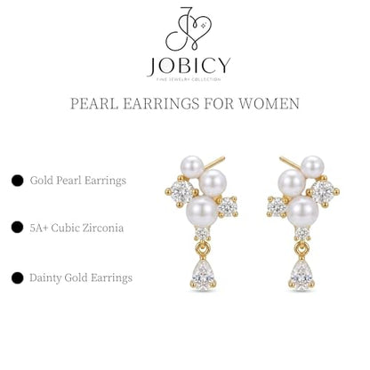 Pearl Earrings for Women Trendy, 14k Gold Plated Freshwater CZ Leaf Pearl Dangle Drop Gold Earrings Lightweight Hypoallergenic Stud Earring Bridesmaid Wedding Gold Jewelry for Women Gifts - style: cz pearl drop earrings