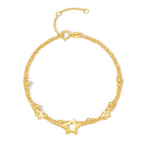 ZHOU LIU FU 18K Yellow Gold Charm Bracelet Hollow Heart Star Butterfly Charms Delicate Double Chain Bracelets Adjustable Cute Jewelry for Women Her Mom Daughter Birthday Anniversary 16+3cm/6.3-7.5" - style: Star
