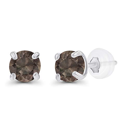 Solid 14K Gold 3mm Round Prong Set Hypoallergenic Genuine Petite Birthstone Stud Earrings - color: Smoky Quartz