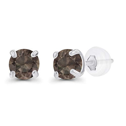 Solid 14K Gold 3mm Round Prong Set Hypoallergenic Genuine Petite Birthstone Stud Earrings - color: Smoky Quartz