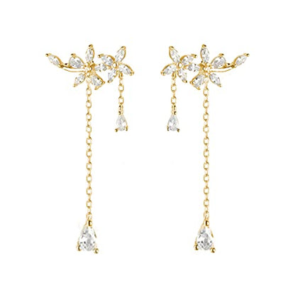 SLUYNZ 925 Sterling Silver Dainty CZ Flowers Wrap Earrings Dangle Chain for Women Elegant Dangling Earrings Bridal Earrings Wedding Engagement Drop Earrings Prom Engagement Party Jewelry - color: C-18K Gold Plated