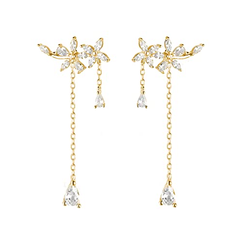 SLUYNZ 925 Sterling Silver Dainty CZ Flowers Wrap Earrings Dangle Chain for Women Elegant Dangling Earrings Bridal Earrings Wedding Engagement Drop Earrings Prom Engagement Party Jewelry - color: C-18K Gold Plated
