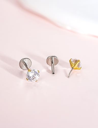 limerencia G23 Hypoallergenic 18g Flat Back Stud Earrings | F136 Implant Grade Titanium Pressfit Threadless Push Pop in Cartilage Helix Labret Lip Monroe Tragus Flat Back Piercing Studs - color: 4mm White CZ Gold