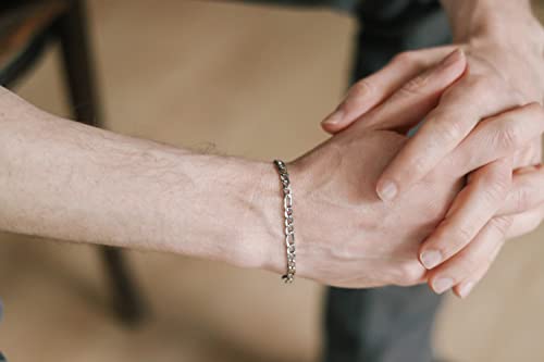 Silver tone chain bracelet for men, flat cable Figaro chain, waterproof stainless steel, custom size gift for him, minimalist subtle jewelry