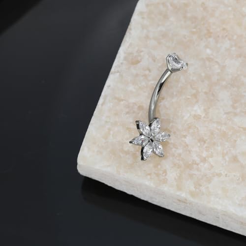 XUU Titanium Belly Button Rings 14G, Implant-Grade Navel Piercing, Luxury CZ Shape with Flower Butterfly, Hypoallergenic Curved Barbell Jewelry for Women, Gold or Silver - style: Flower-Silver