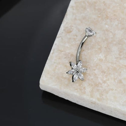 XUU Titanium Belly Button Rings 14G, Implant-Grade Navel Piercing, Luxury CZ Shape with Flower Butterfly, Hypoallergenic Curved Barbell Jewelry for Women, Gold or Silver - style: Flower-Silver