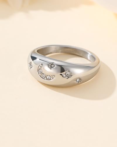 YeGieonr Gold Rings for Women Non Tarnish, 18K Gold Plated Stainless Steel North Star Signet Ring, Waterproof Dainty Pinky Statement Ring, Tarnish Free Gold Jewelry for Women - color: Moon&Star Dome Silver