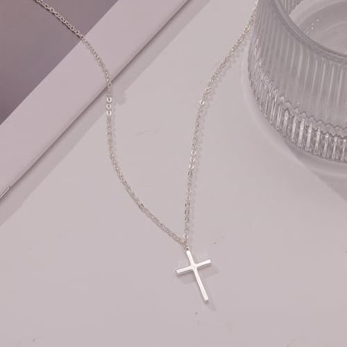 Poxtex Cross Necklace for Women Teen Girls, Dainty 14K Gold Silver Plated Cross Choker Jewelry Non Tarnish Waterproof Cute Simple Small Necklace Christian Baptism Religious Faith Jewelry Gifts - color: 04 Simple Cross Silver