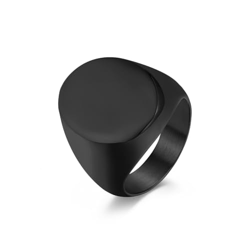 Men's Fashion Stainless Steel Oval Signet Ring Big Wide Solid Biker Band Polished Comfort Fit Silver/Gold/Black - color: Black