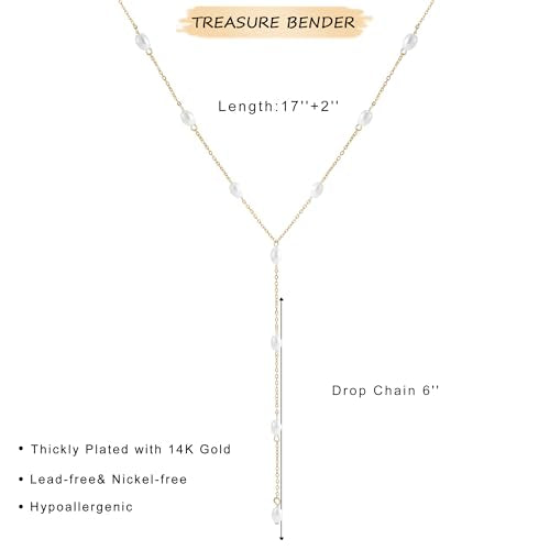 Lariat Gold Necklace for Women Dainty Long 14K Gold Plated Y-Shaped Body Chain Choker Necklace Trendy Non Tarnish Pendant Simple Layered Necklaces Gold Jewelry for Women Set Gift - color: Satellite Pearl
