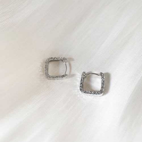 Small Hoop Earrings for Women Glitter Hoops Gold Plated with 925 Sterling Silver Post - style: Silver-square