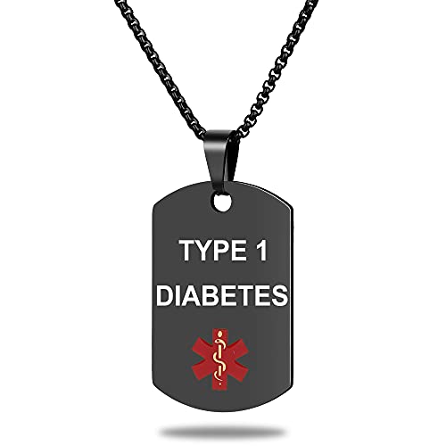 Medical Alert ID Necklace, Laser Engraved TYPE 1 DIABETES, Stainless Steel Tag Pendant with 23.6 inch Chain for Men Women Diabetic Emergency First Aid - color: Black, size: TYPE 1 DIABETES