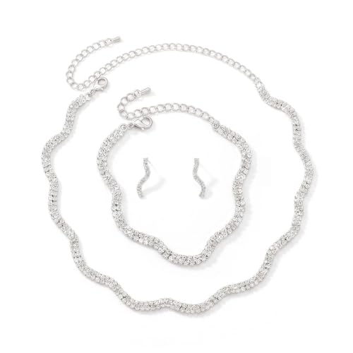 Rhinestone Bridal Jewelry Set, Choker Necklace Earrings Bracelet, Formal Wedding Prom Accessories for Women and Brides - color: silvery