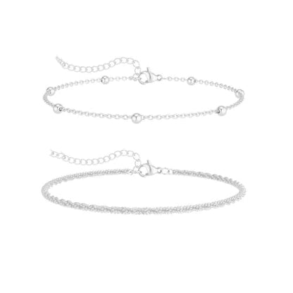 Double Layer Gold Anklet Set for Women Simple Silver Bead Minimalist Foot Jewelry Adjustable Chain Beach Accessories - style: A Silver Style