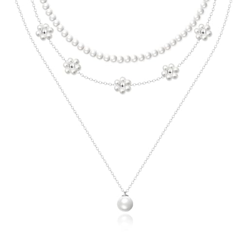 Zeffy Gold Pearl Necklace for Women, Dainty 14K Gold/Silve Plated Layered Pearl Choker Pearl Earrings Pearl Bracelets Wedding Trendy Gold Jewelry Set for Women Gifts - style: Silver Daisy Pearl Necklace-3PCS