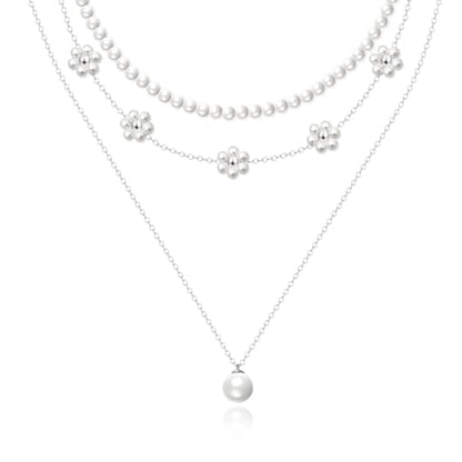 Zeffy Gold Pearl Necklace for Women, Dainty 14K Gold/Silve Plated Layered Pearl Choker Pearl Earrings Pearl Bracelets Wedding Trendy Gold Jewelry Set for Women Gifts - style: Silver Daisy Pearl Necklace-3PCS