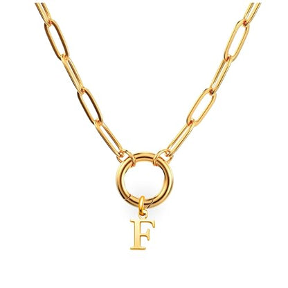 Paperclip Chain Carabiner Initial Charm Holder Necklace by Ginger Lyne | 18K Gold-Plated or Silver Tone Paperclip Chain with Carabiner Charm Holder, Adjustable 18-20 Inch, A-Z Initial Pendant - color: Gold-F