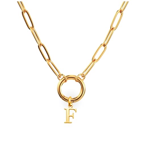 Paperclip Chain Carabiner Initial Charm Holder Necklace by Ginger Lyne | 18K Gold-Plated or Silver Tone Paperclip Chain with Carabiner Charm Holder, Adjustable 18-20 Inch, A-Z Initial Pendant - color: Gold-F