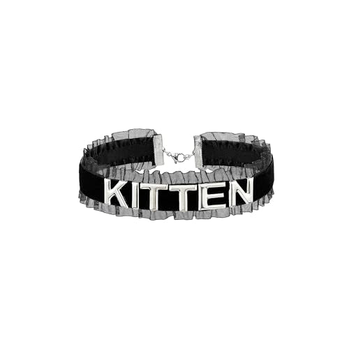 Women's Black Velvet Lace Letter Choker Collar for Halloween, 15-inch | Made of Velvet Lace Ribbon and Silver Letter Charms, Lobster-claw Closure, Daily Gothic Style, Avoid Water & Perfume - color: KITTEN