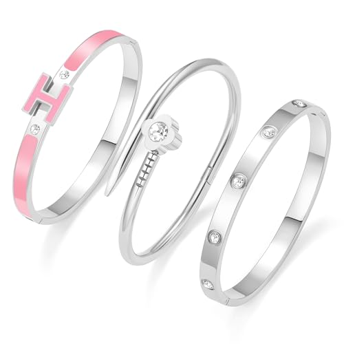 3Pcs Gold Bracelets for Women 14K Gold Plated Love/H/Nail Bangle Bracelet Dainty Non Tarnish Bracelet Jewelry Christmas Mothers Day Gifts for Women - color: 3Pcs Silver/Pink H bracelet