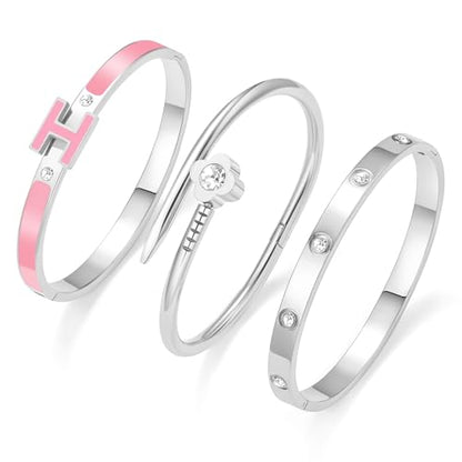 3Pcs Gold Bracelets for Women 14K Gold Plated Love/H/Nail Bangle Bracelet Dainty Non Tarnish Bracelet Jewelry Christmas Mothers Day Gifts for Women - color: 3Pcs Silver/Pink H bracelet