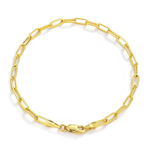 14K Gold Paperclip Bracelet for Women Men, 3-5mm Link Chain | Polished rectangular links with 14K gold, lightweight, hypoallergenic and non-tarnishing, 6.5-8in for solo or stacking