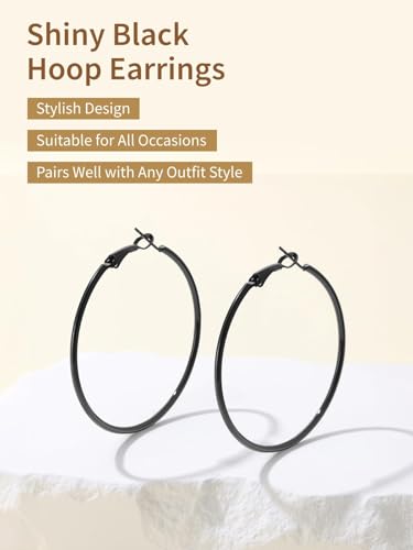 FindChic Thin Hoop Earrings for Women,Silver/Black/Gold Plated 20-100mm - color: Black, size: 50mm