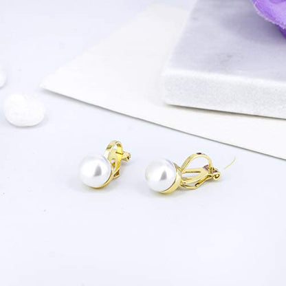 YOQUCOL Simulated Freshwater Pearl Clip On Earrings Not Pierced Elegant Stud Jewelry For Women - color: 8MM-Golden