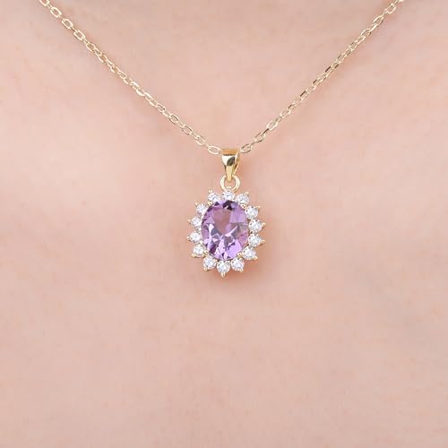 JewelryPalace Princess Diana Kate Middleton Natural Amethyst Citrine Garnet Peridot Topaz Created Ruby Sapphire Simulated Emerald Pendant Necklace for Women, 925 Sterling Silver Gemstone Jewelry Set - color: K-Yellow Gold Plated Brass-Purple CZ