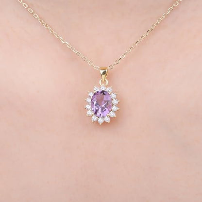 JewelryPalace Princess Diana Kate Middleton Natural Amethyst Citrine Garnet Peridot Topaz Created Ruby Sapphire Simulated Emerald Pendant Necklace for Women, 925 Sterling Silver Gemstone Jewelry Set - color: K-Yellow Gold Plated Brass-Purple CZ