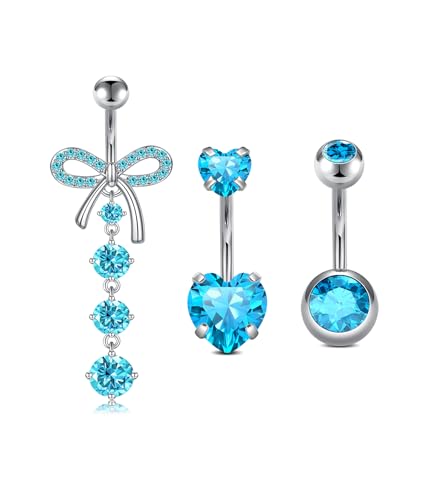 QWALIT Belly Button Rings 14G Surgical Steel Belly Rings CZ Opal Navel Piercing Jewelry for Women Girls 3/8" 10mm Silver Rose Gold - color: Blue