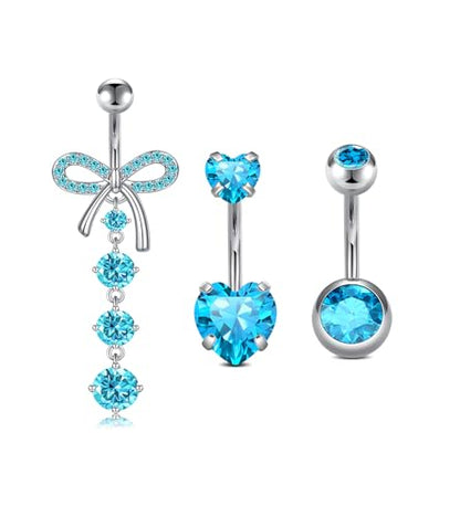 QWALIT Belly Button Rings 14G Surgical Steel Belly Rings CZ Opal Navel Piercing Jewelry for Women Girls 3/8" 10mm Silver Rose Gold - color: Blue