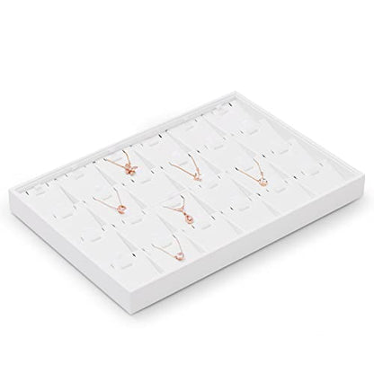 Oirlv Premium White Leather Stackable Jewelry Tray 24 Grid Jewelry Organizer Tray with Removable Inserts Cards Necklace Display Holder | 24 Necklace Pendant Sections,Removable Insert Cards,Anti-Tangle Design,Space-Saving Event Display,13.8×9.5Inch - color