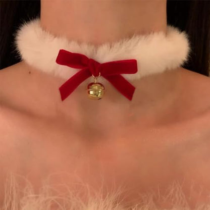 CJIAYUJEW Red Bow Velvet Choker Necklace Sexy Faux Fur Collar Bowtie Long Wrap Rope Neck Chain with Gold Pendant Bell Party Neck Accessories for Women - color: D
