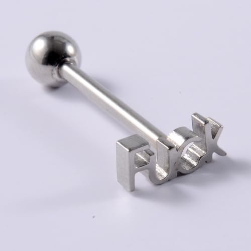 14G Stainless Steel Tongue Ring Letter Naughty Word Tongue Barbell Piercing Ring 16mm Straight Bar Body Piercing Jewelry for Women Men