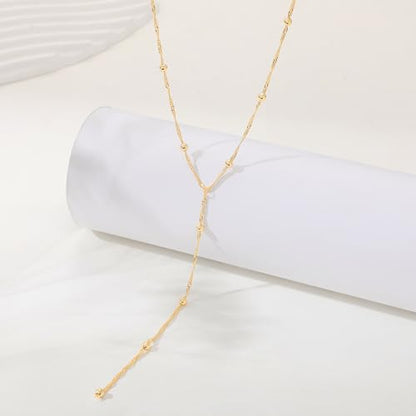 CAROVO Gold Necklace for Women Dainty Long Necklace 14K Gold/Silver Lariat Y-Shaped Pendant Necklaces Trendy Layered Lip Cubic Zirconia Beaded Chain Drop Necklaces Jewelry for Women Gifts - color: Gold, style: A: Gold Y Necklace Bead-258