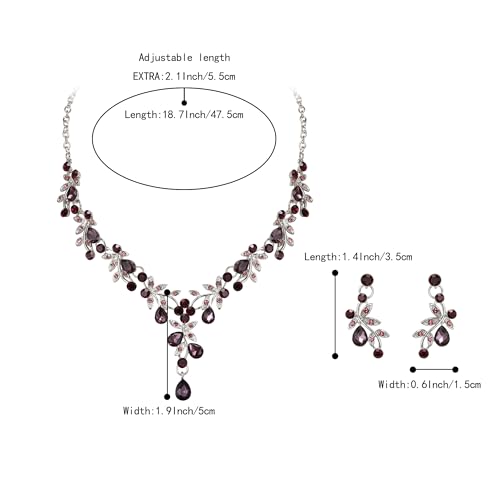 BriLove Wedding Jewelry Set for Women Bride, Y-Necklace Dangle Earrings Crystal Teardrop Leaf Flower Cluster Bridal Bridesmaid - color: 07-Purple